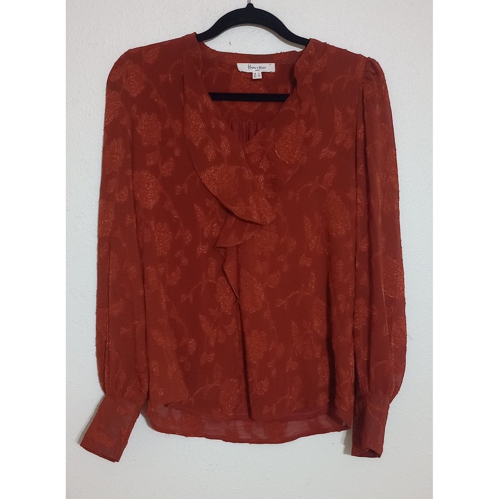 Haver & Blair London Womens Rust Orange Floral Jacquard Ruffle Blouse Small